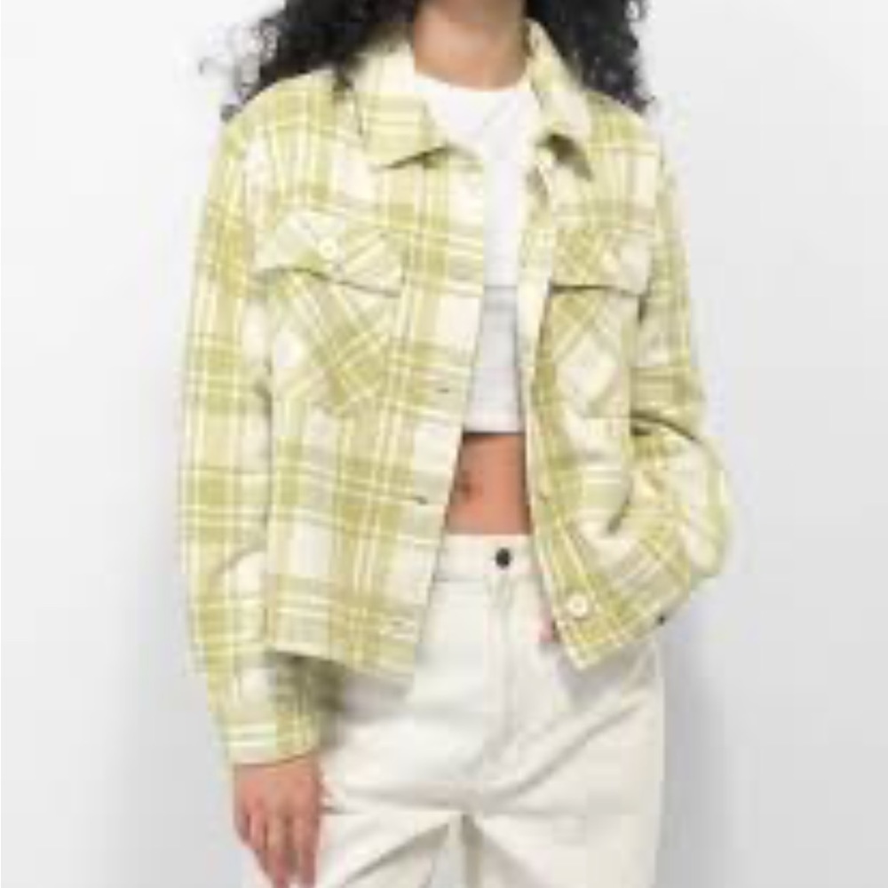 NEW Empyre Cropped Barn Jacket Shacket Flannel Plaid Lime/off White Soft Small